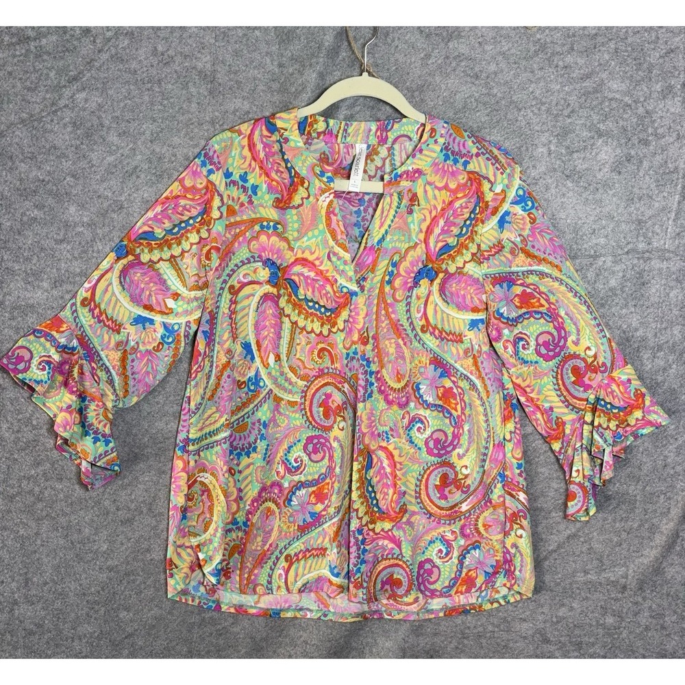 Dear Scarlett Blouse Womens Sz L Multicolor Paisley Floral Lightweight NWT‎